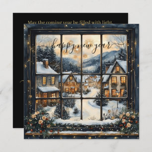 Snowy Village Window Scene with New Year Greeting Holiday Card