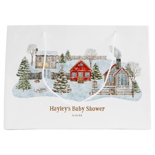 Snowy Village Winter Holiday Favours Large Gift Bag (Front)
