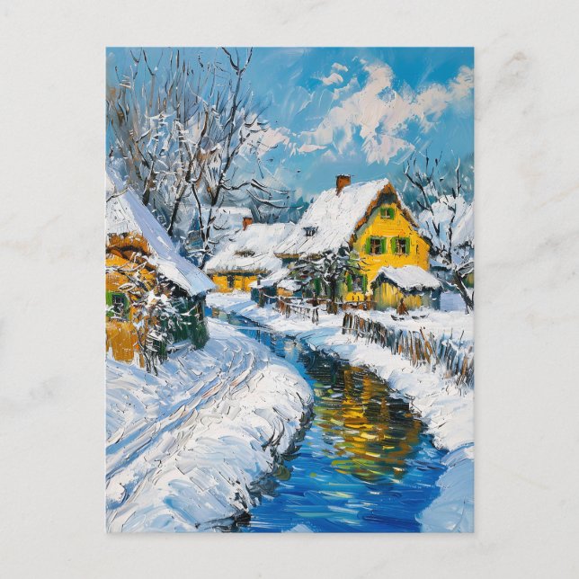 Snowy Village with Stream and Trees Fantasy Painti Postcard (Front)