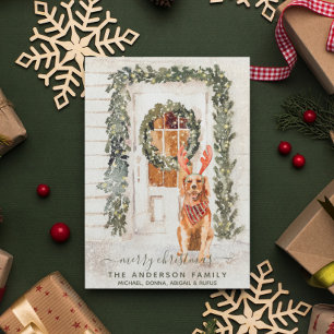 Snowy Vintage Golden Retriever Holiday Watercolor  Card