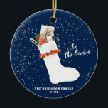 Snowy Vintage Stocking | Christmas Family Photo Ceramic Tree Decoration<br><div class="desc">This Christmas will be a little brighter with this vintage Christmas stocking against a snowy midnight blue background and your favourite photo on the back.  An ideal gift and keepsake for lasting memories.  Check our Vintage Bohemian Christmas collection above for matching holiday items.</div>