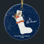 Snowy Vintage Stocking | Christmas Family Photo Ceramic Tree Decoration<br><div class="desc">This Christmas will be a little brighter with this vintage Christmas stocking against a snowy midnight blue background and your favourite photo on the back.  An ideal gift and keepsake for lasting memories.  Check our Vintage Bohemian Christmas collection above for matching holiday items.</div>