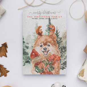 Snowy Vintage Watercolor Pomeranian Christmas Tree Holiday Card