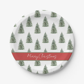 Snowy Watercolor Christmas Tree Pattern Paper Plate