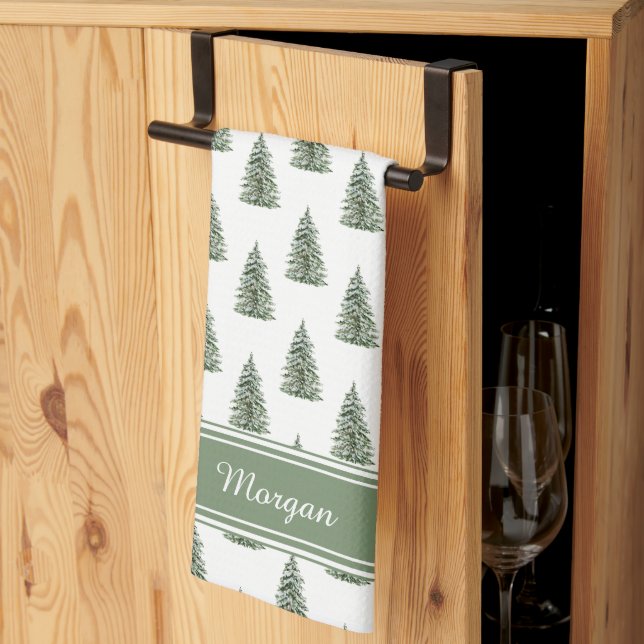 Snowy Watercolor Christmas Tree Pattern Tea Towel (Thirds Fold)