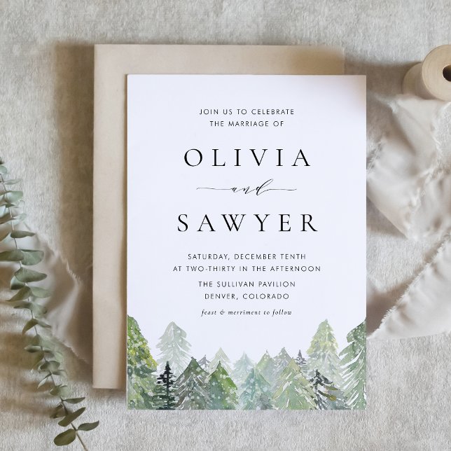 Snowy Watercolor Evergreen Forest Winter Wedding Invitation (Winter wonderland wedding invitation with watercolor evergreens and falling snow.)