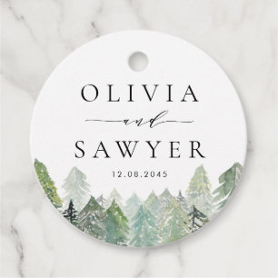 Snowy Watercolor Evergreen Woodland Winter Wedding Favour Tags