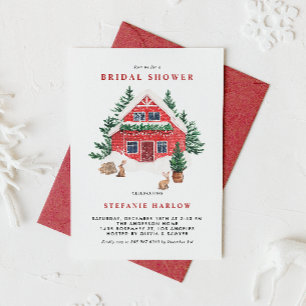 Snowy Watercolor Red Cottage Winter Bridal Shower Invitation