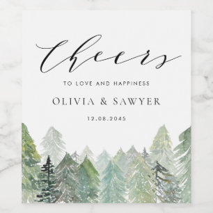 Snowy Watercolor Winter Evergreen Forest Wedding Wine Label