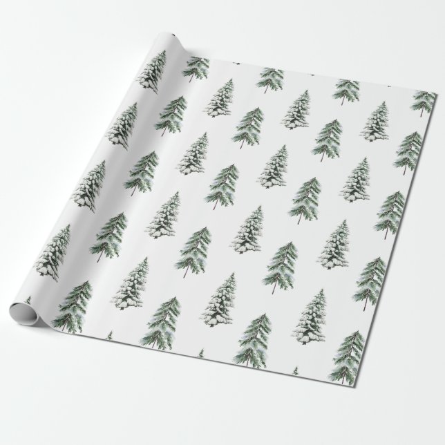 Snowy Watercolor Winter Woodland Trees Wrapping Paper (Unrolled)
