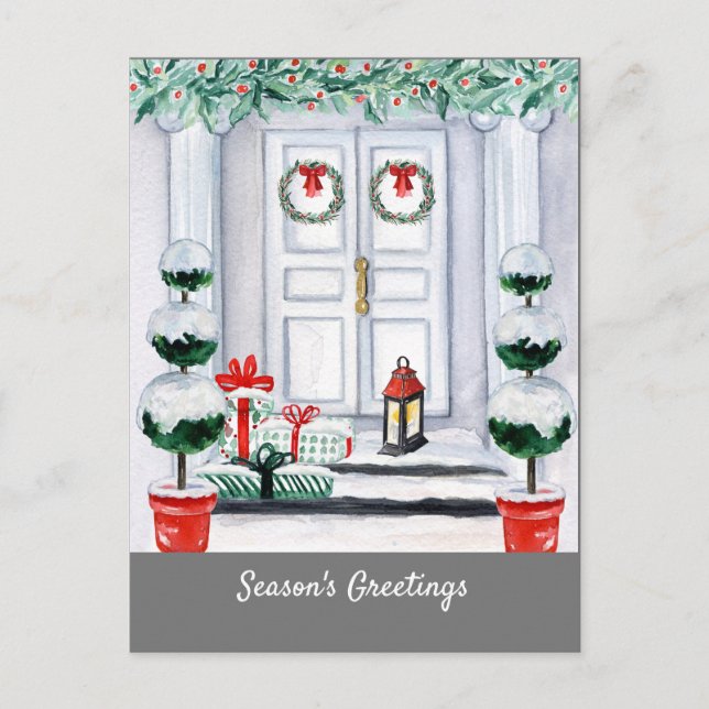 Snowy White House Decorated Door Holiday Postcard (Front)
