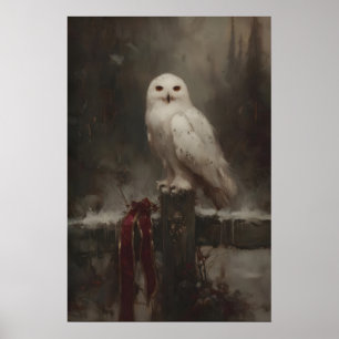 Snowy White Owl On Wooden Fence, Gothic Woodland Poster