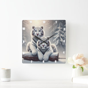 Snowy White Tiger Forest Square Wall Clock