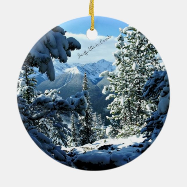 Snowy White Winter in Banff, Alberta, Canada Ceramic Tree Decoration (Back)