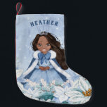 Snowy Winter African American Princess Small Christmas Stocking<br><div class="desc">This adorable snowy winter Princess stocking features a beautiful young African American princess with black hair wearing a blue and white snowflake gown and warm fur lined cape. The princess is surrounded by poinsettias. You can personalise with your princess's name!</div>