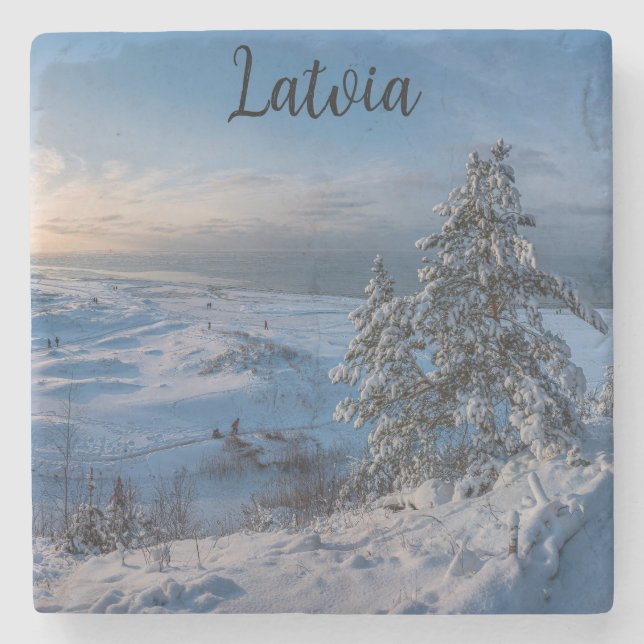 Snowy winter Baltic sea coast Stone Coaster (Front)
