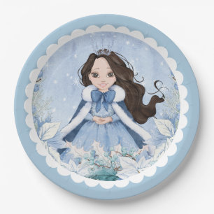 Snowy Winter Black Haired Princess Birthday Paper Plate