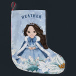 Snowy Winter Black Haired Princess Small Christmas Stocking<br><div class="desc">This adorable snowy winter Princess stocking features a beautiful young princess with black hair wearing a blue and white snowflake gown and warm fur lined cape. The princess is surrounded by poinsettias. You can personalise with your princess's name!</div>