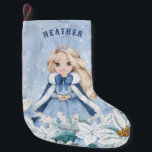 Snowy Winter Blonde Princess Small Christmas Stocking<br><div class="desc">This adorable snowy winter Princess stocking features a beautiful young princess with blonde hair wearing a blue and white snowflake gown and warm fur lined cape. The princess is surrounded by poinsettias. You can personalise with your princess's name!</div>