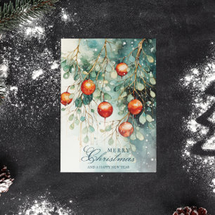 Snowy Winter Botanical & Ornaments Christmas Holiday Card