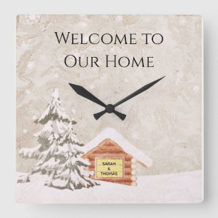 Snowy Winter Cabin Welcome Clock
