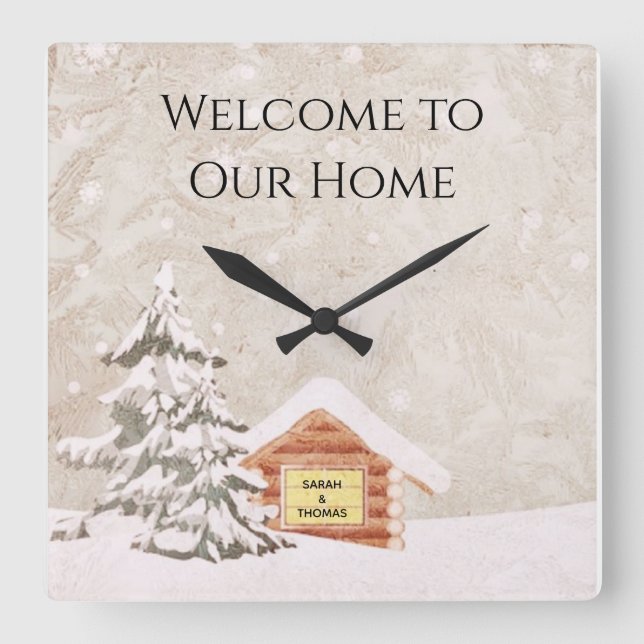 Snowy Winter Cabin Welcome Clock (Front)