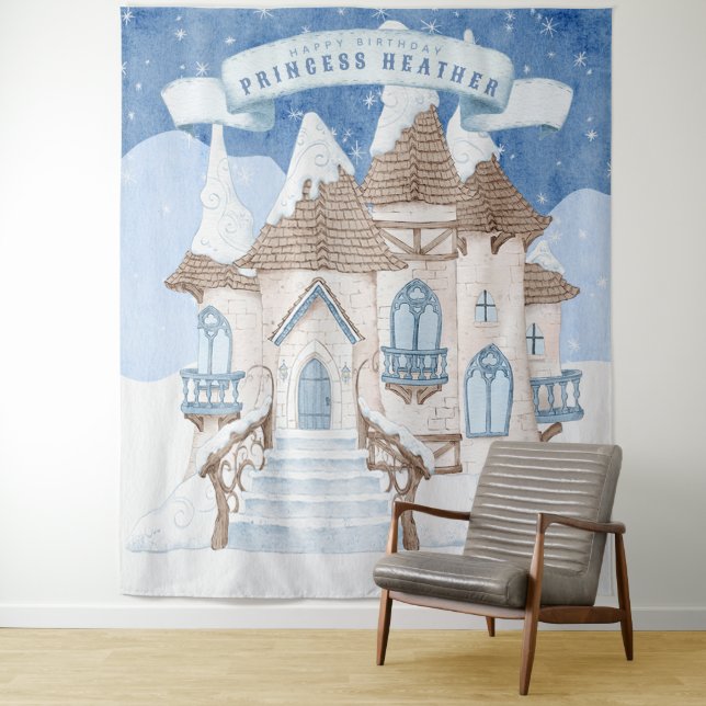 Snowy Winter Castle Photo Booth Backdrop Tapestry (In Situ)