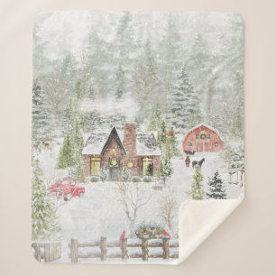 Snowy Winter Christmas Cabin Scene Sherpa Blanket