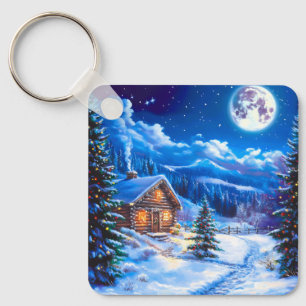 Snowy Winter Christmas Moon Night Cabin Key Ring