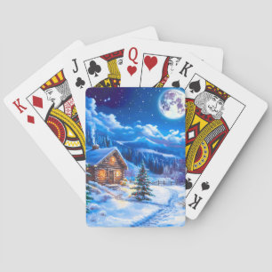 Snowy Winter Christmas Moon Night Cabin Playing Cards