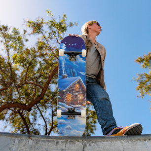 Snowy Winter Christmas Moon Night Cabin Skateboard