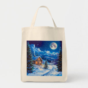 Snowy Winter Christmas Moon Night Cabin Tote Bag