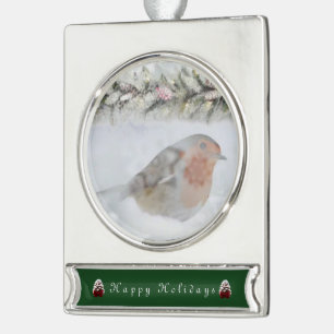 Snowy Winter Christmas Robin Bird Silver Plated Banner Ornament