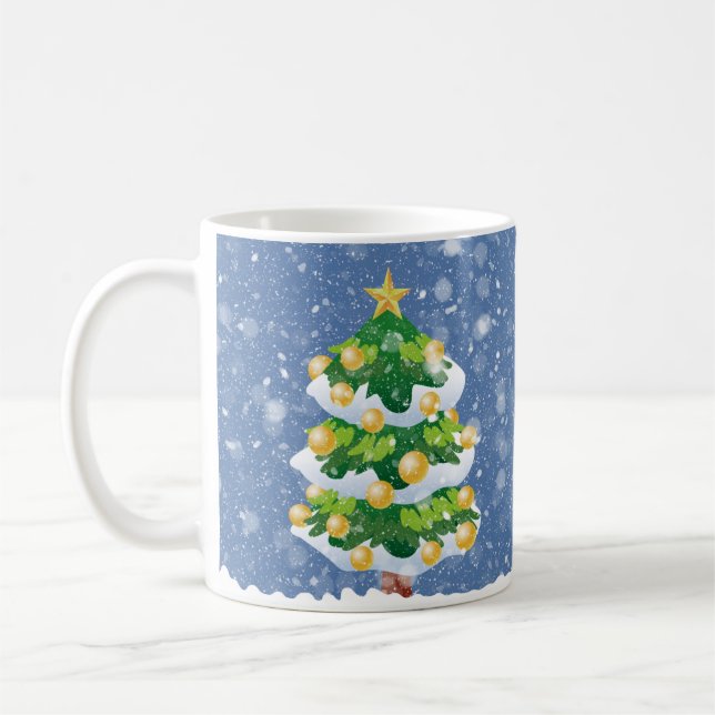 Snowy Winter Christmas Tree with Gold Ornaments Coffee Mug (Left)