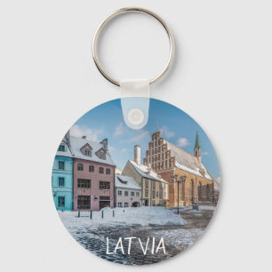 Snowy winter city center in Riga, Latvia Key Ring