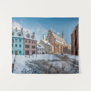 Snowy winter city center in Riga, Latvia Tapestry