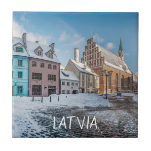 Snowy winter city center in Riga, Latvia Tile