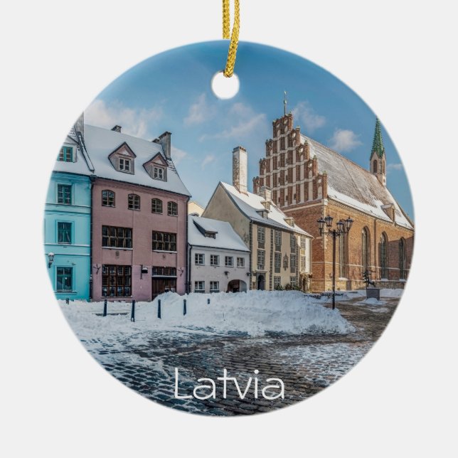Snowy winter city centre in Riga, Latvia Ceramic Tree Decoration (Front)