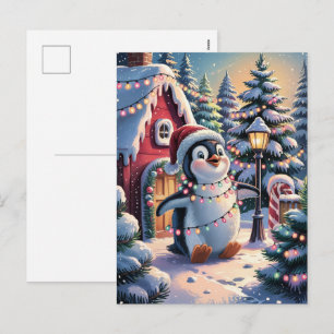 Snowy Winter Cute Penguin in Santa Hat Christmas Holiday Postcard