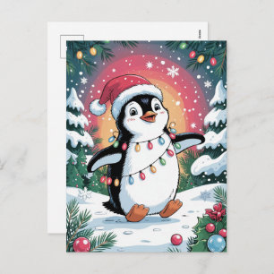 Snowy Winter Cute Penguin in Santa Hat Christmas   Holiday Postcard