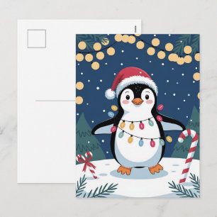 Snowy Winter Cute Penguin in Santa Hat Christmas Holiday Postcard