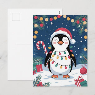 Snowy Winter Cute Penguin in Santa Hat Christmas Holiday Postcard