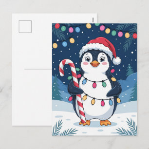 Snowy Winter Cute Penguin in Santa Hat Christmas Holiday Postcard