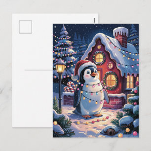 Snowy Winter Cute Penguin in Santa Hat Christmas Holiday Postcard