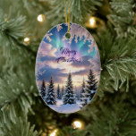 Snowy winter forest, ice crystals, northern lights ceramic tree decoration<br><div class="desc">This ornament features a snowy winter forest at night with ice crystals and auroras in the sky. Romantic decor for your Christmas Tree and also a wonderful gift idea! Custom text.</div>