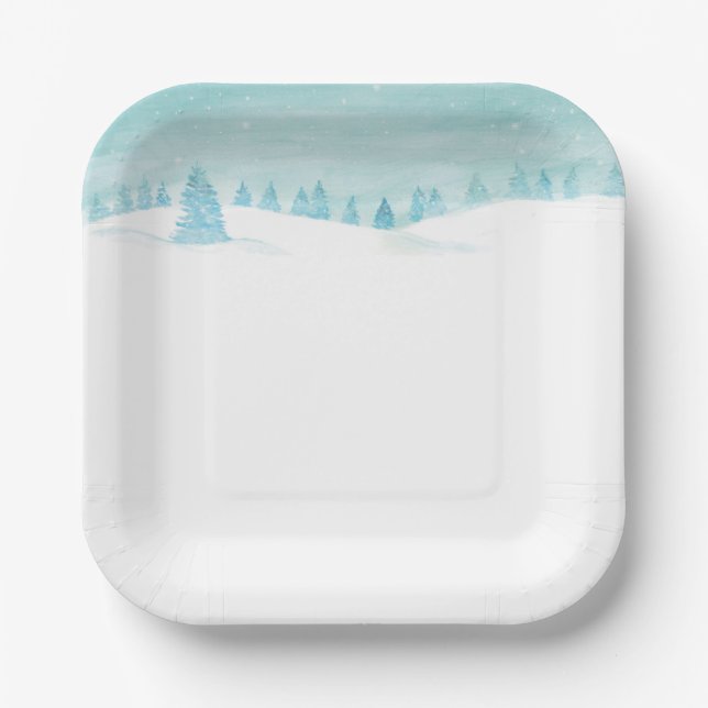 Snowy Winter Forest Landscape With Spruce Trees  Paper Plate (Front)