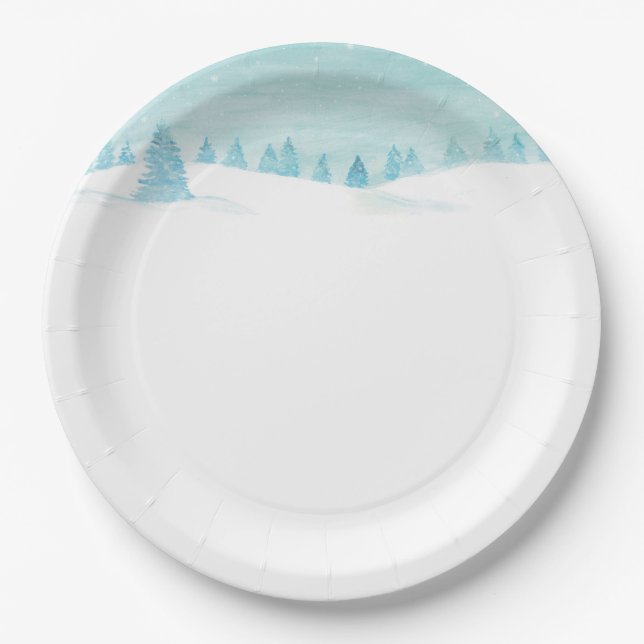 Snowy Winter Forest Landscape With Spruce Trees  Paper Plate (Front)