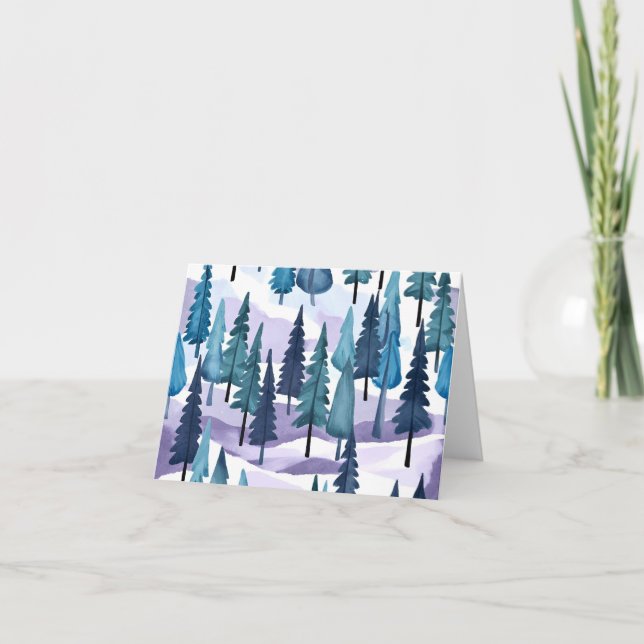 Snowy Winter Forest | Purple Christmas Watercolor Holiday Card (Front)