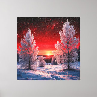 Snowy Winter Forest Under Red Sunset Canvas Print