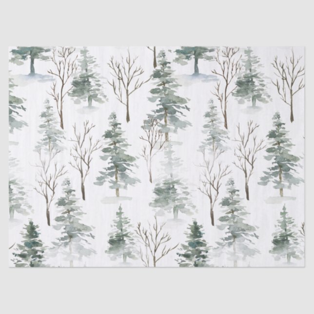 Snowy Winter-Green Trees Christmas Pattern Tissue Paper (Front)